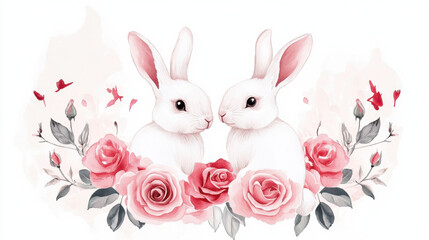 Two adorable white rabbits nestled among pink roses, capturing a romantic and playful essence in a soft watercolor style.