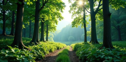 Obraz premium Secluded forest landscape on white background, forest, nature, open