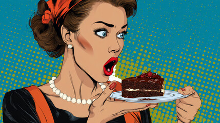 A woman and a dessert a piece of cake. The surprise treat food