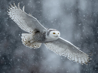 Snowy Owl in Majestic Winter Flight Through Snowfall