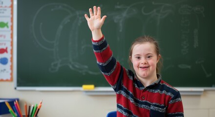 Smiling girl with Down syndrome raising hand in classroom. Caucasian student in striped red sweater near chalkboard. Inclusive education Special needs learning. School diversity