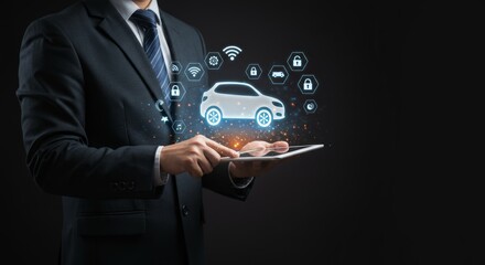 Digital car insurance concept.  Businessman using tablet to access car protection features