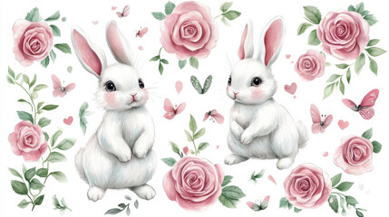 Charming watercolor bunnies surrounded by pink roses and butterflies, evoking a playful springtime theme.