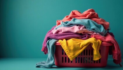 Overflowing laundry basket, messy clothes piled high , everyday life, texture