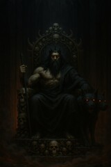 Hades on Skull Throne with Cerberus in Fiery Underworld - Dark Mythological God Fantasy Illustration