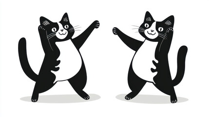 Two cheerful black and white cats dancing joyfully against a minimalist background, embodying a fun and whimsical style.