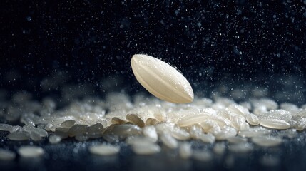 Rice grain falling onto a pile of rice against a dark background.
