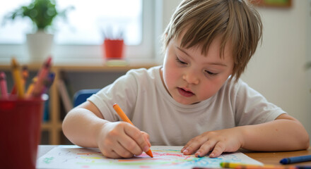 Child with down syndrome drawing with orange crayon. Focused boy engaged in creative activity in classroom setting. Special education and inclusive learning . Child development and art therapy. 