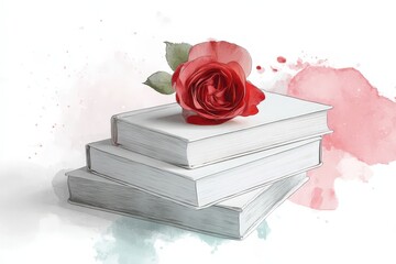 Stacked books with a red rose on top, illustrated artistic style.