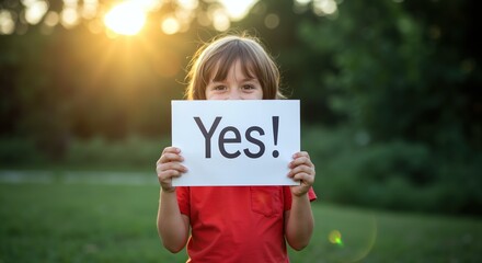 Girl holding "Yes!" sign at sunset with golden bokeh. Positive affirmation and child empowerment concept. Confidence building and motivation. Educational programs and youth development