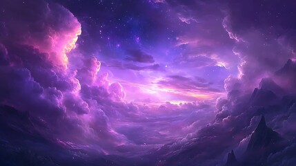 Ethereal skies paint a vibrant tapestry as luminous clouds embrace purple celestial wonders in the night