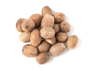 Fresh nutmegs isolated on white, top view