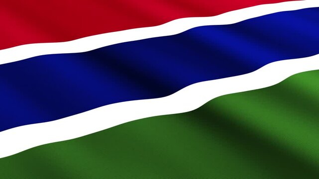 Gambia Flag Waving Gently in the Wind, Close-Up Full-Frame Perspective, Soft Fabric Texture, Slow Motion, Natural Movement, Waving Flag Background