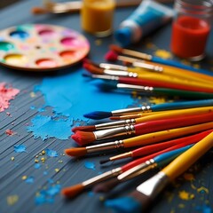 Obraz premium Colorful Artist Paintbrushes, Palette, and Paint Splatters on Wooden Table