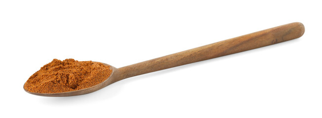 Nutmeg powder in spoon isolated on white