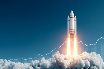 Naklejka premium Startup and new project concept with white rocket flying up with dotted trajectory above light growth graph on blue background. 3D rendering 