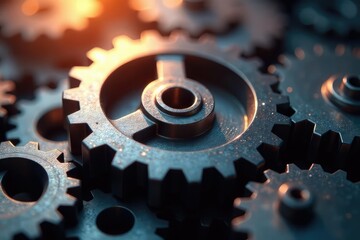 Close-up of intricately shaped metal gears, reflecting light , metallic, design