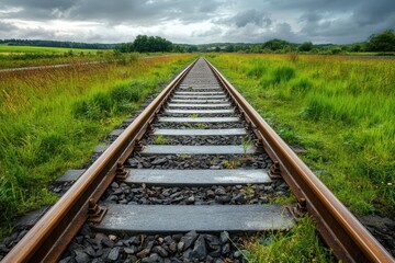 Fototapeta premium Straight railway track through grassy landscape