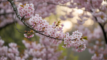 Delicate pink cherry blossom flowers blooming on a branch with a soft bokeh background