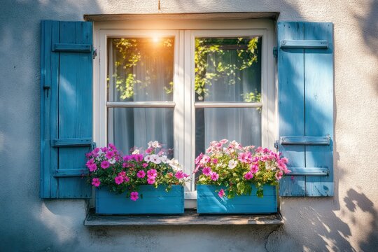 Vintage windows with spring flowers on sunny day