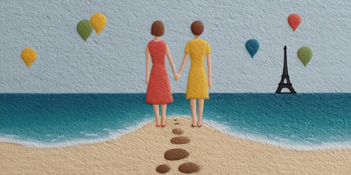 Two women holding hands on a sandy beach with colorful balloons above and the iconic Eiffel Tower in the distance capturing a sense of love and adventure in a whimsical summer atmosphere