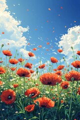 Obraz premium Red poppy flowers in blooming green field under bright blue sky with flying petals and white fluffy clouds