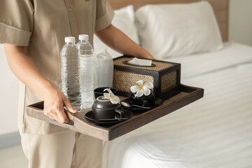 The housekeeper hotel cleans and arranges things in order. prepares to welcome VIP guests