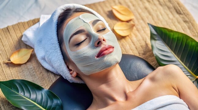 A woman relaxes with a facial mask at a spa, surrounded by natural leaves and a towel wrapped around her head.