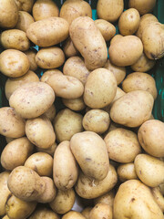 Fresh raw potatoes piled in a green crate at a market