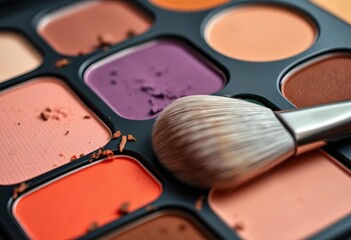 Close-up of diverse eyeshadow palette; brush rests nearby, cosmetics, textures