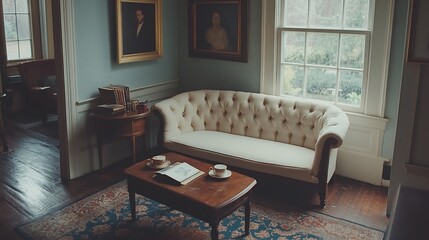 Cozy antique parlor with tufted sofa and books