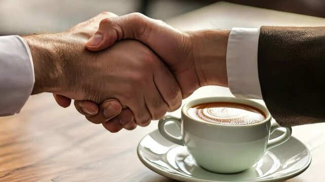 Business professionals engage in a handshake while sharing a coffee in an office setting, business people shaking hands in the office with cup coffee