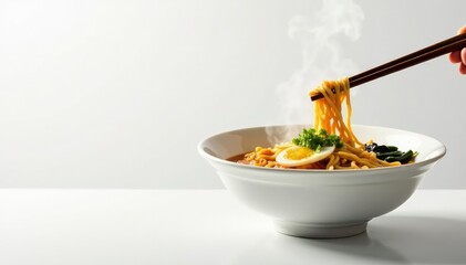 Steaming bowl of ramen, chopsticks, white backdrop, hot, japanese, broth