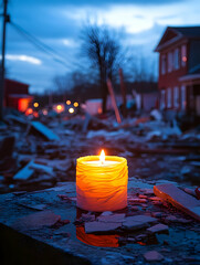 A single lit candle sits amidst rubble and debris at dusk, reflecting in a puddle of water.  A damaged residential area is visible in the background under a twilight sky
