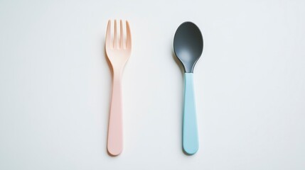 Pink fork and blue spoon on white background.