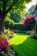 Obraz premium Serene backyard oasis featuring lush green lawn, blooming flowerbeds, and mature trees, creating a peaceful and inviting domestic landscape , residential, ecosystem