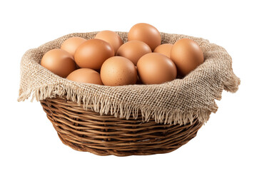 rustic basket with brown organic chicken eggs on transparent background