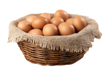 rustic basket with brown organic chicken eggs on transparent background