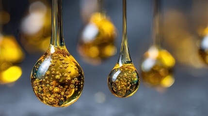 Black oil prices high jump Gold bars investment security wealth Droplets of liquid with bubbles and golden reflections suspended in air.