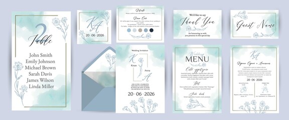 Botanical blue design set of invitation cards and other printing. Illustration design for invitation, cover, poster, dress code and menu.