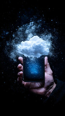 A hand holds a smartphone; a luminous cloud seemingly emerges from its screen, dissolving into cosmic dust against a dark background