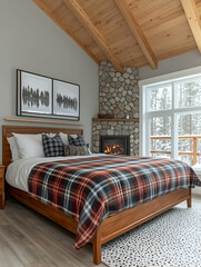 Cozy bedroom with a wood-paneled ceiling, stone fireplace, and large window overlooking a snowy landscape.  A king-size bed features a plaid comforter and wooden frame