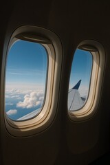 View from airplane window shows blue sky, puffy clouds, and partial wing creates a sense of travel.