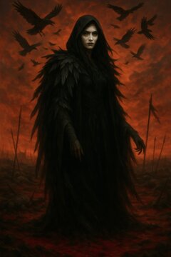 The Morrigan Celtic Goddess of War and Death on Battlefield with Ravens, Dark Fantasy Warrior Woman, Crimson Sky, Mythical Prophecy, Raven Queen in Black Feather Cloak