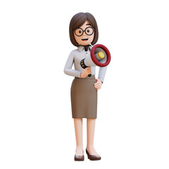 3D business woman holding a megaphone with excited