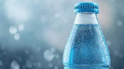 A bottle of sparkling water with visible condensation. 