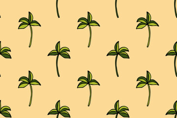 Seamless pattern with green plants on orange background. Summer botanical print.