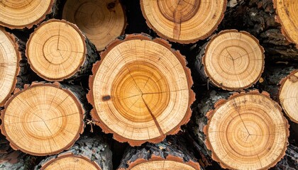 Fototapeta premium Logging operations stacked timber logs in natural woodland environment close-up view of tree rings for sustainability concepts