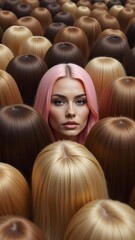 A young woman with vibrant pink hair stands out amidst a sea of various-colored wigs, her serene expression captivating.