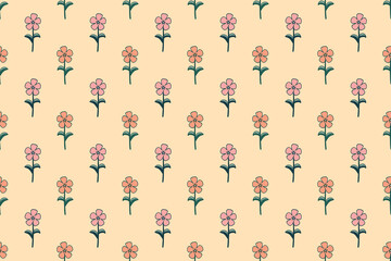 Seamless pattern with pink flowers on beige background. Summer floral print.